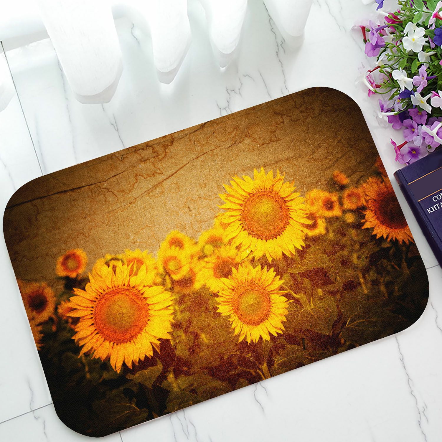 PHFZK Vintage Style Doormat, Sunflowers Flower Floral Art Yellow