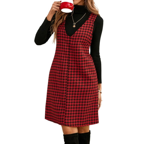 Women's Red Houndstooth V-Neck Sleeveless Mini Dress for Daily Wear [ZhiHiMeRi] | XL
