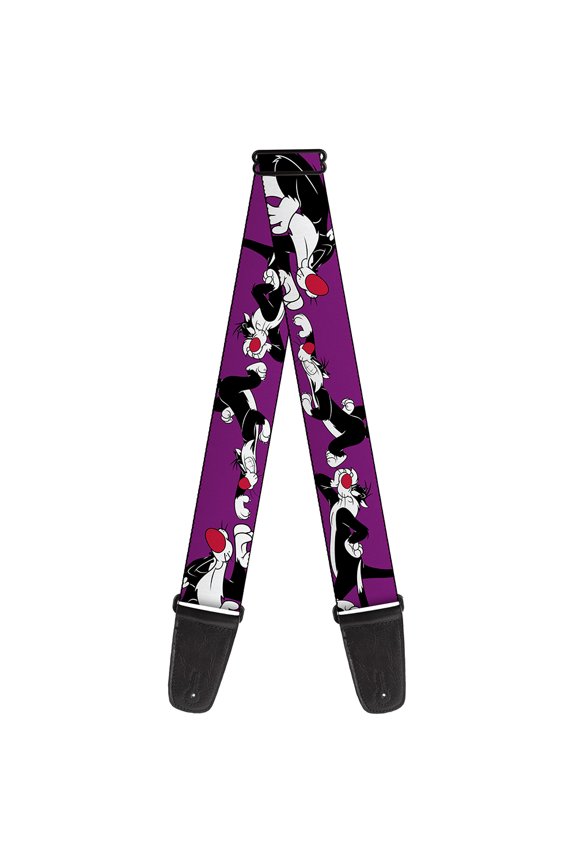 Looney Tunes Guitar Strap, Sylvester The Cat Poses Purple, 2 Inches Wide