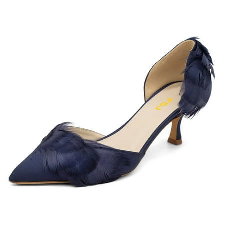 

FSJ Women Graceful Faux Feather Pointy Closed Toe Slip-on D Orsay Kitten Low Heels Satin Pumps Ladies Party Dress Slide Shoes Size 8.5 Blue