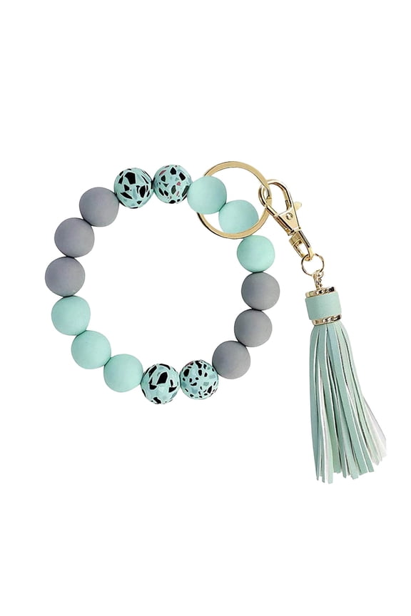 Keychain Bracelet Silicone Key Ring Wristlet With Leather Tassel Wrist Key Ring Bangle Silicone Bead Keyring For Women Girls White Pink Blue Green