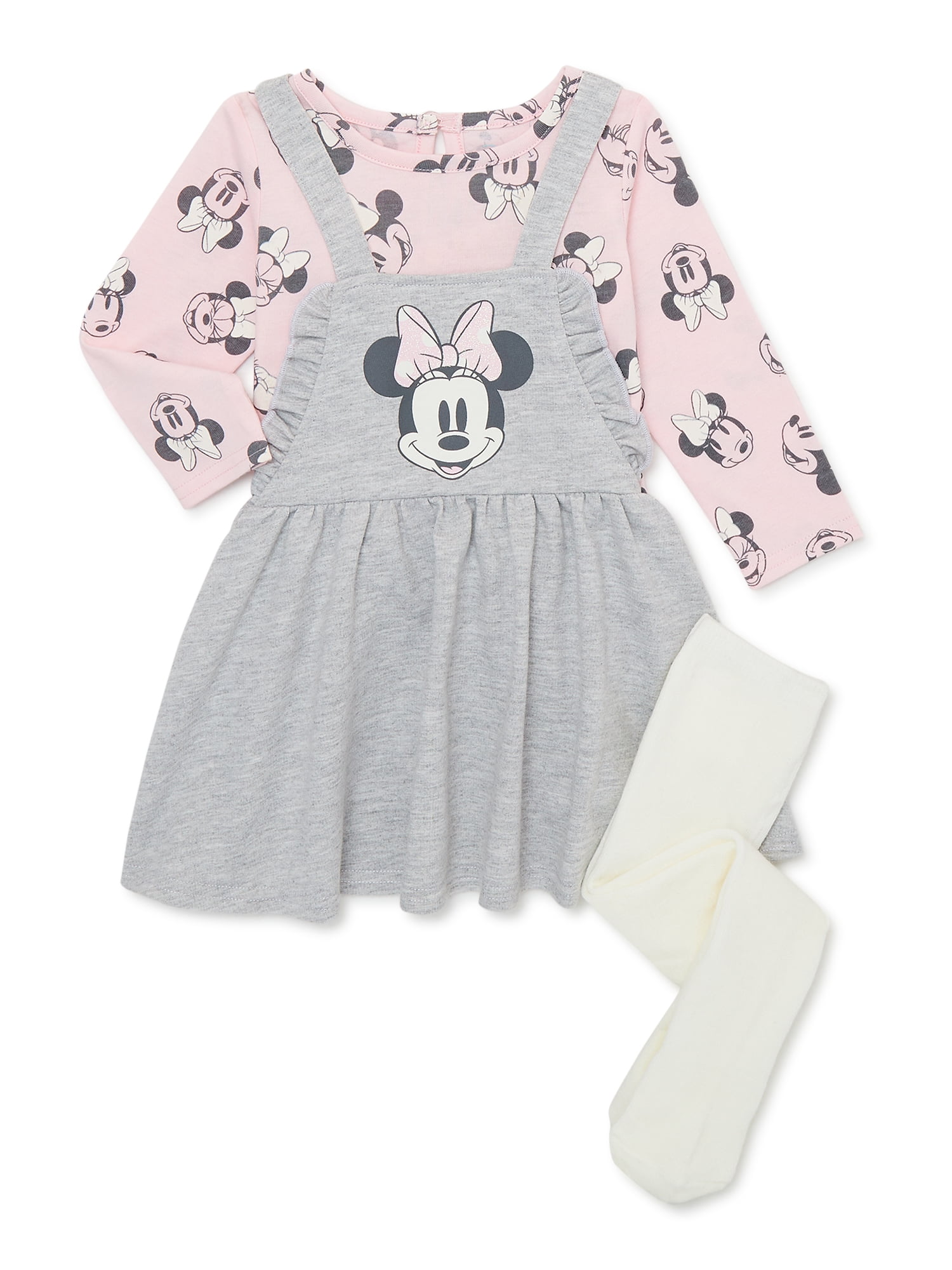 Disney Minnie Mouse Baby Girls Pinafore Dress, Top with Long Sleeves and Tights Set, 3-Piece, Sizes 0/3-24 Months