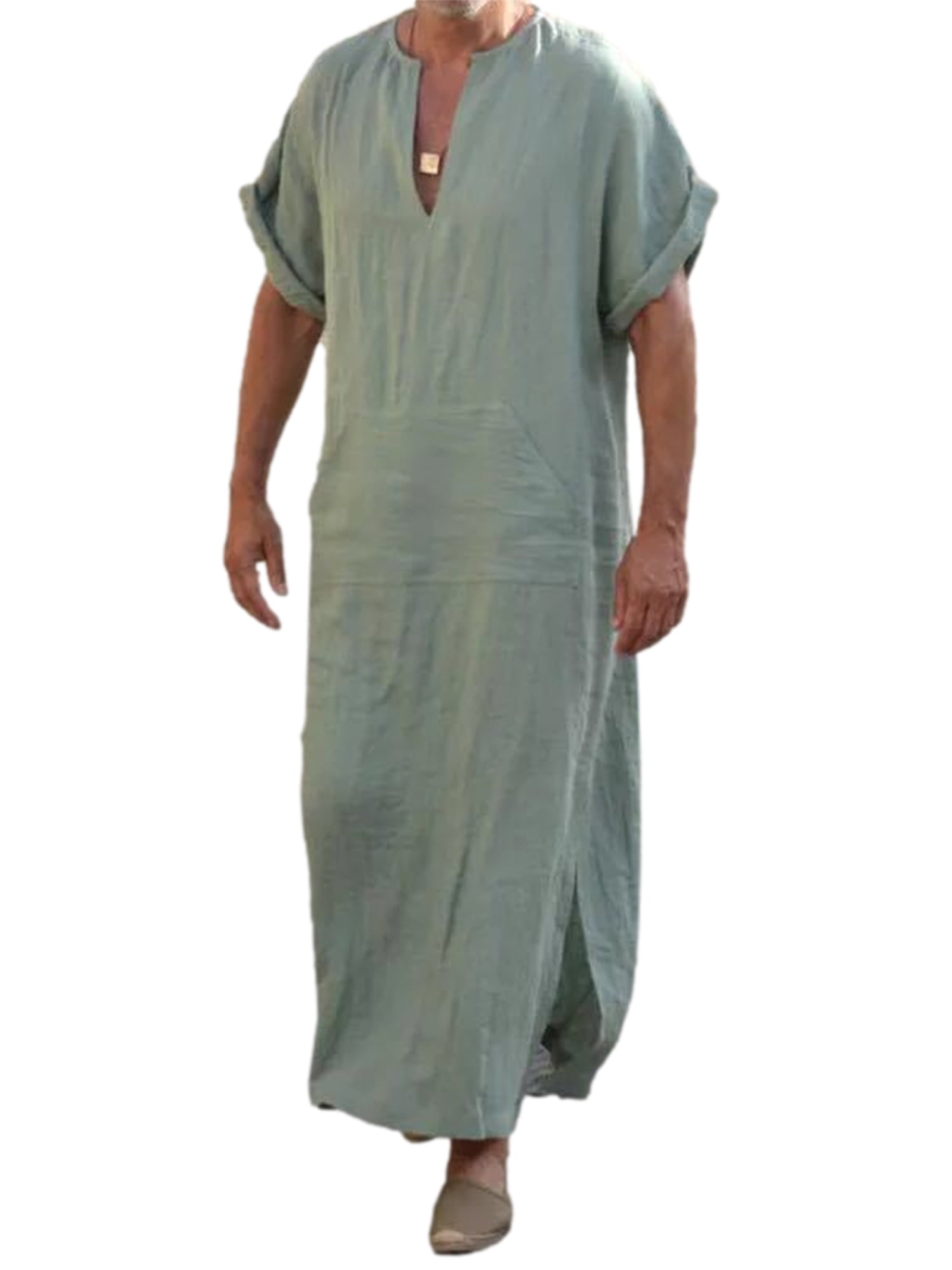 Jacansi Mens V-Neck Short Sleeve Robe Side Split Kaftan Cotton Long Gown Thobe S-3XL 