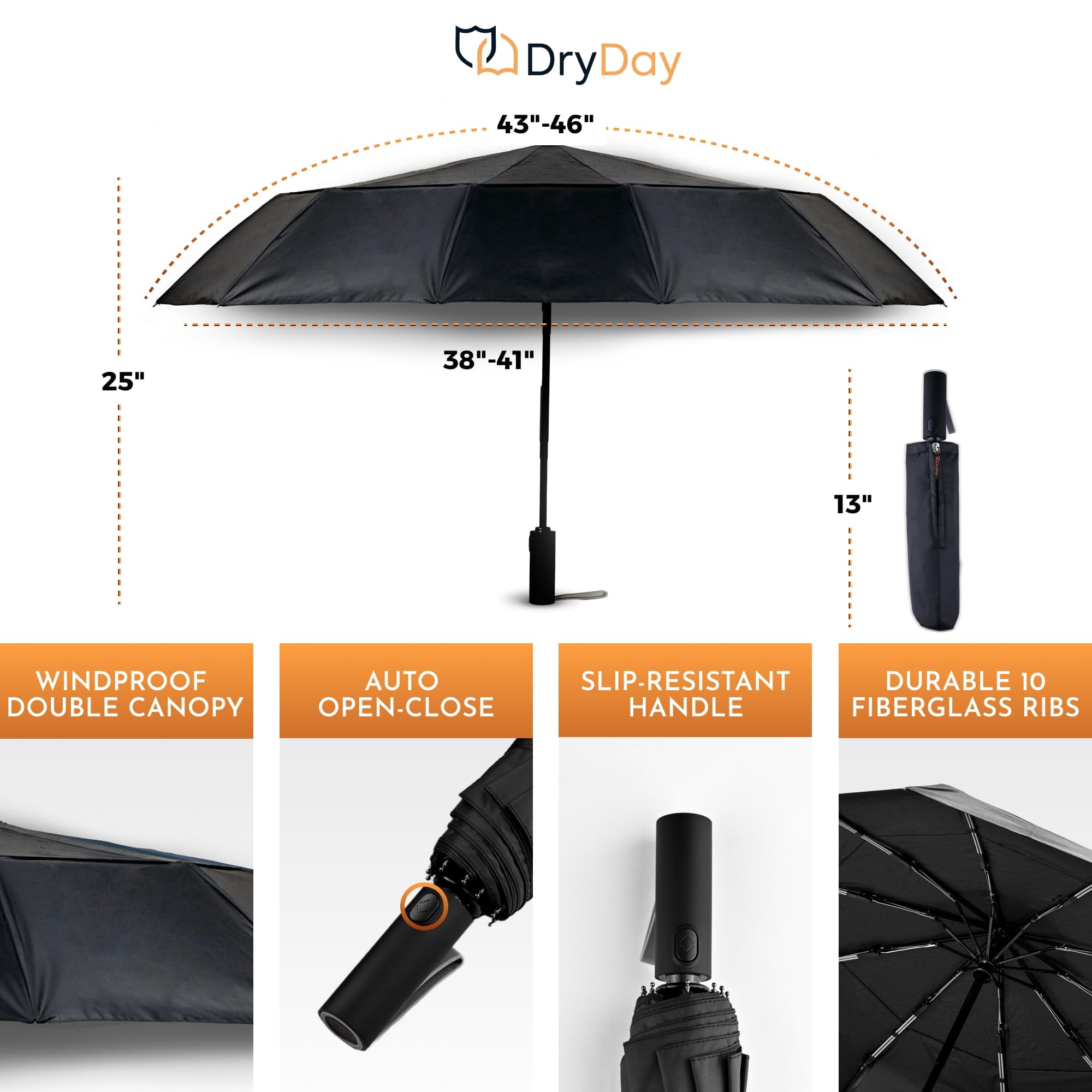 DryDay 46" Travel Umbrellas for Rain - Large Windproof Double Canopy Umbrella, 10 Durable Ribs, Strong Frame, Auto Open Close Ergonomic Handle, Compact Waterproof Umbrella for Women & Men, Black