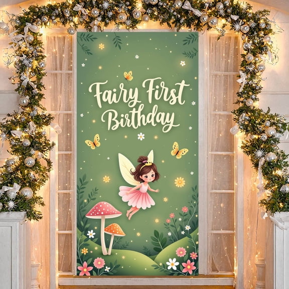 Pastel Pink Fairy First Birthday Banner Green Woodland Background Mushroom Butterfly Design Birthday Display for Baby Girl First Birthday Party Indoor Outdoor Photo Shoot