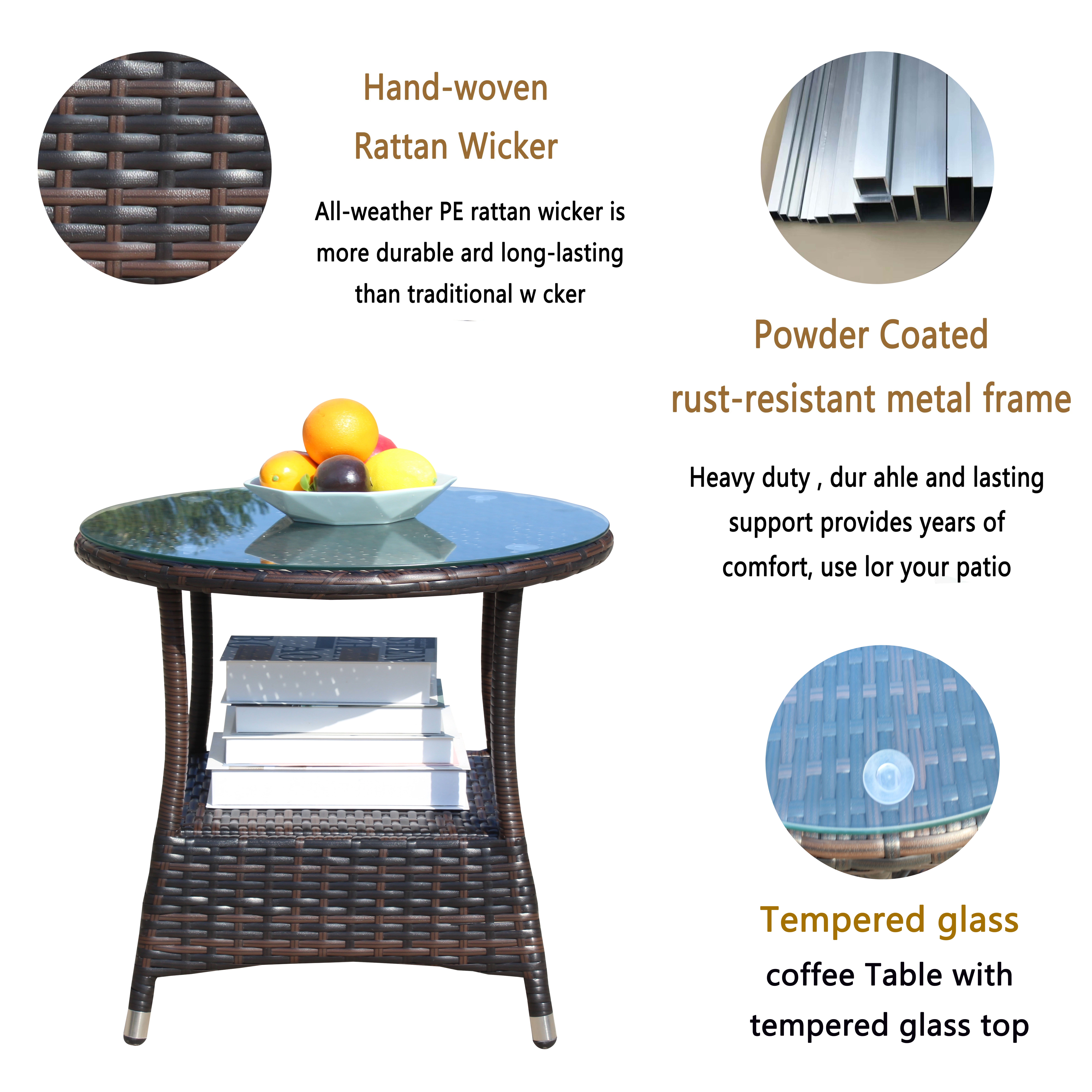 Tempered Glass Top Patio Coffee Table for Garden Backyard Deck Balcony Outdoor Leisure Living Space, Brown