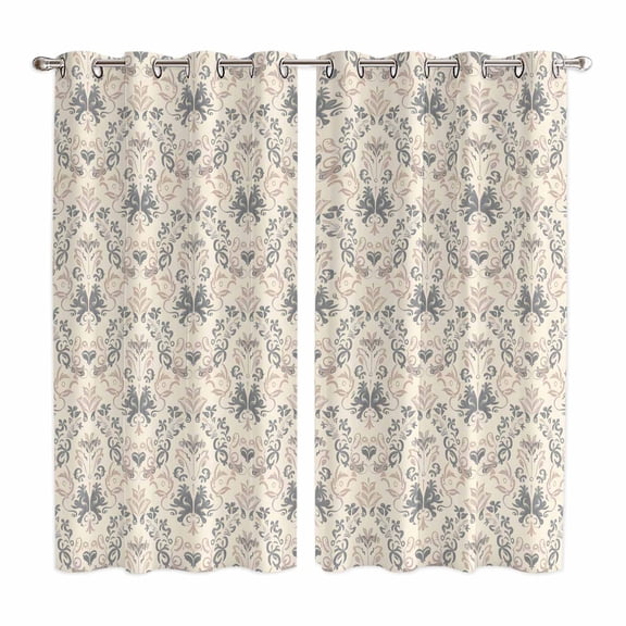 Beige Grey Baroque Kitchen Curtains 84 Inch Length, Abstract Art Floral Pattern Grommet Top Bedroom Living Room Curtains, Light Filtering Cafe Curtain Drapes 2 Panels Set 104''x84''