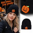 thumbnail image 2 of Fabrcox Halloween Cuffed Knit Beanie Hat for Adults and Teens, Unisex Soft Warm Beanie with Embroidered Pumpkin Pattern, Holiday Party Costume Accessories Black, 2 of 8