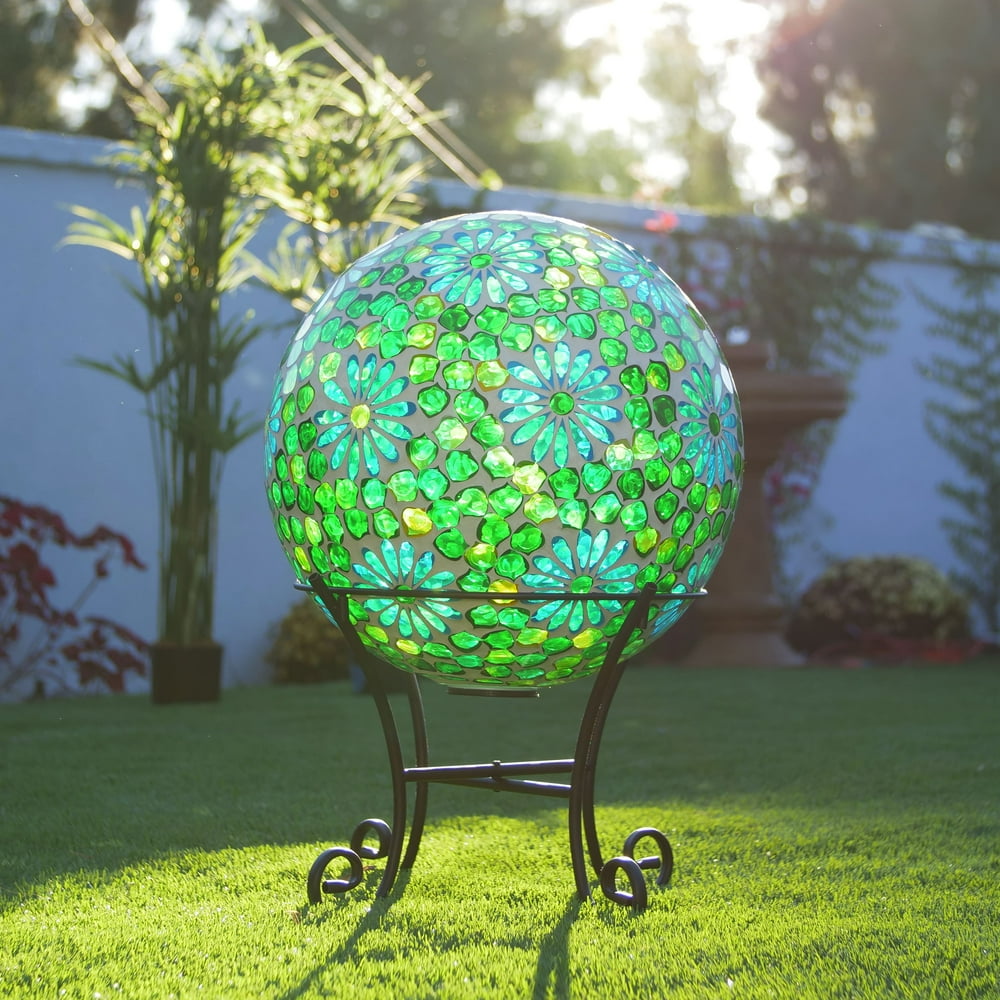 Alpine 16" Green and Blue Glass Gazing Ball with LED Lights and Stand