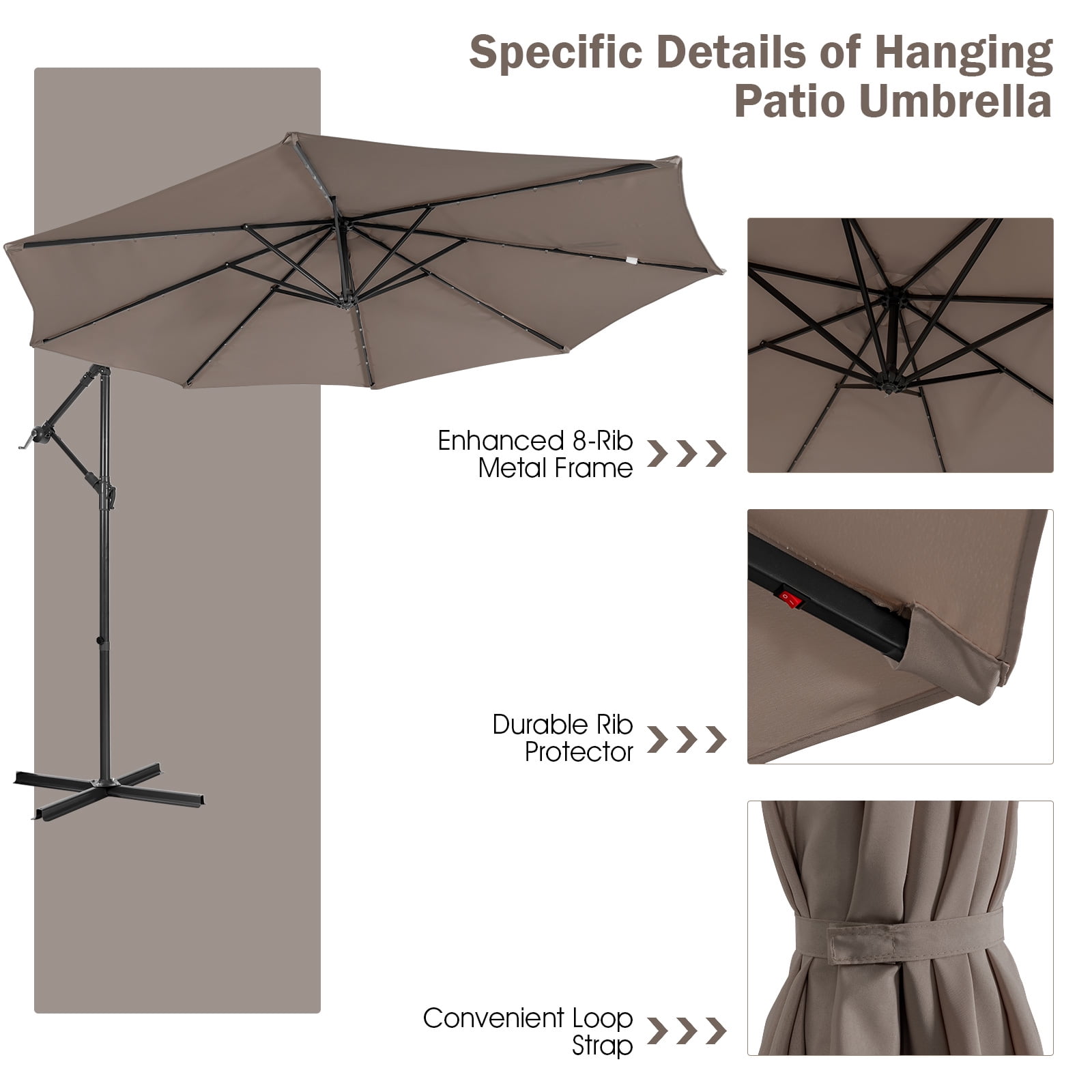 Patiojoy 10FT Patio Umbrella with 32 LED Lights Solar Powered Pool Umbrellas 8 Ribs Cantilever Offset Umbrella for Outdoor Coffee