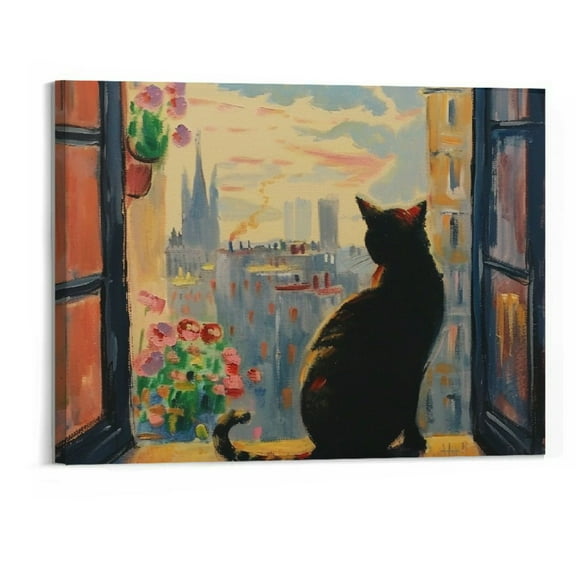 BCIIG Vintage Monet Cat Canvas Wall Art, Funny  Cat in Famous Oil Paintings Prints Wall Decor, Aesthetic Black Cat Print for Wall,  Cat Monet Van Gogh Gallery Artwork for Bedroom 20" x 16"