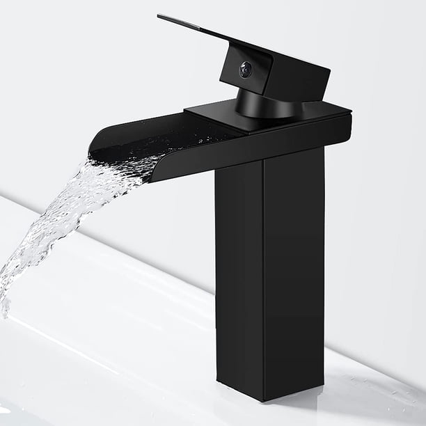 Grifo de baño en cascada negro moderno, mezclador de lavabo en cascada, grifo de lavabo con altura de caño 140 mm, mezclador de baño de latón, agua fría y caliente disponible brillar Electrónica