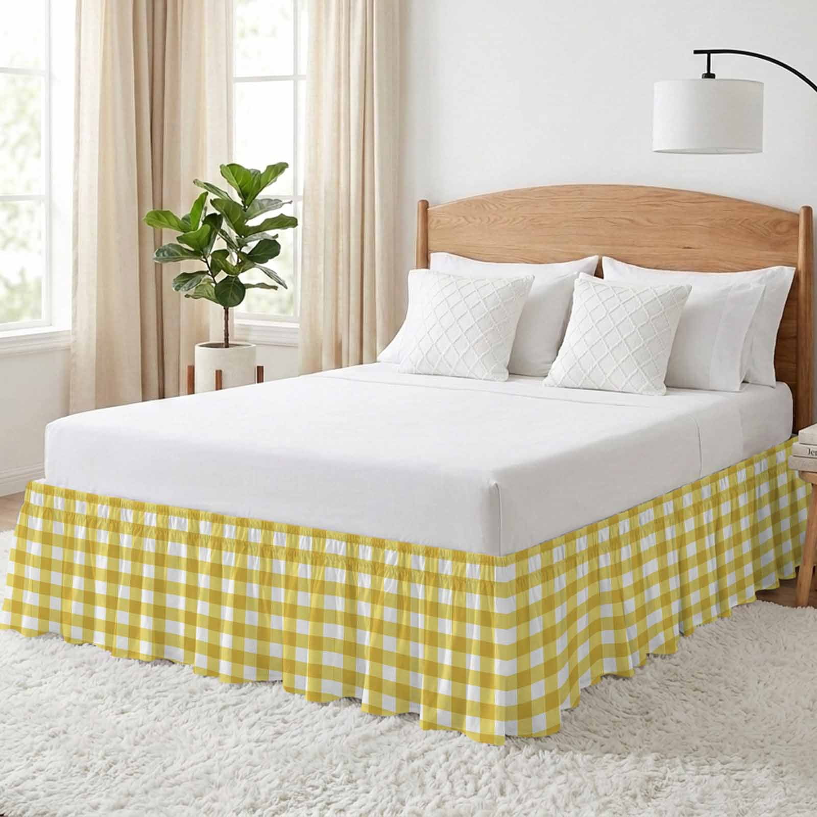 Yellow Gradient Bed Skirt Queen Size, Farm Plaid Buffalo Checkered Gingham Wrap Around Bed Skirting with Adjustable Elastic Strap, Dust Ruffle Pleated Bedskirts 18 Inch Drop for Bedroom Queen Beds