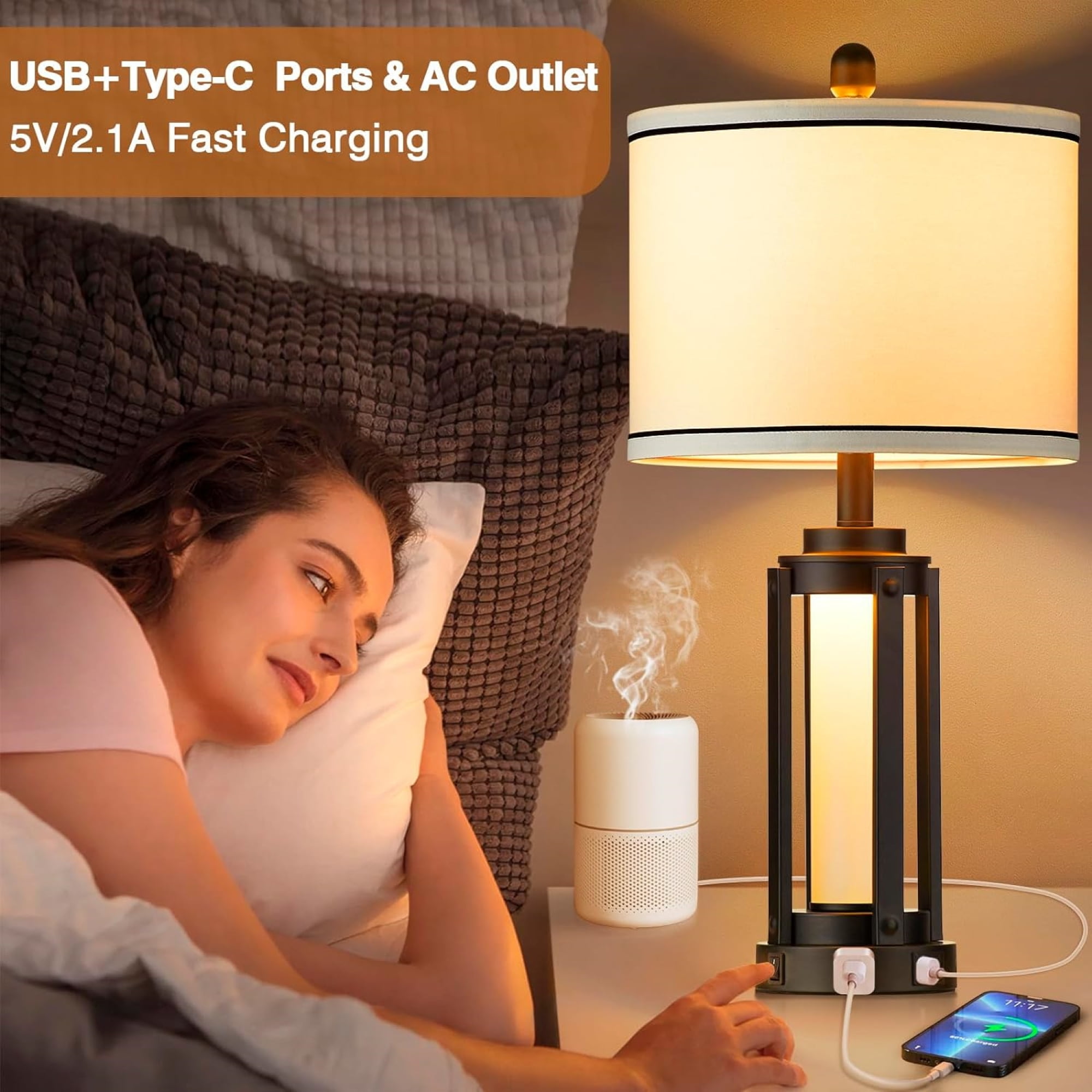 Cinkeda 25.5" Table Lamp Set of 2, Black Metal with Frosted Glass Column, USB-A and Type-C Ports with AC Outlet, Nightlight Function, Rotary Switch, E26 LED Bulb Included for Bedroom Living Room