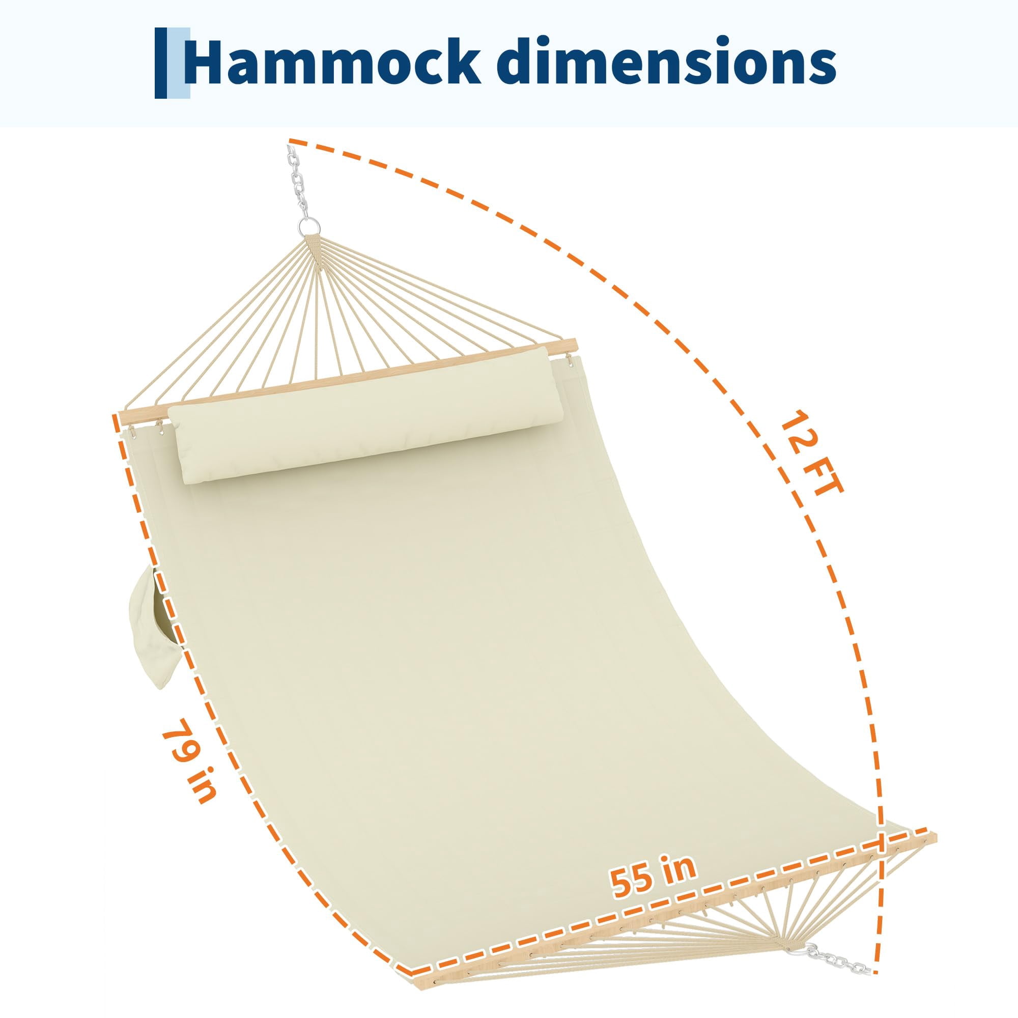 Large Quilted Fabric Hammock for 2 Person, Heavy Duty Hammock with Hardwood Spreader Bars, Detachable Pillow, Support up to 450 LBS, Weather-Resistant, for Patio, Backyard, Pool, Beige