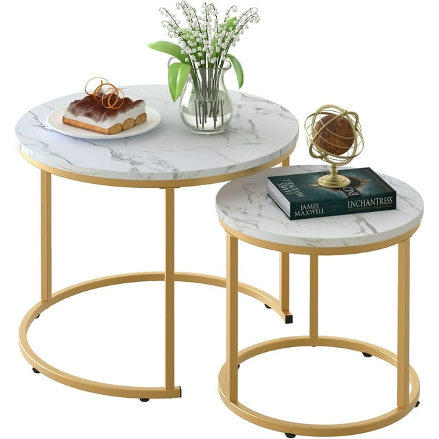 Coffee Table Nesting Set of Side Set Golden Frame Circular Round and Marble Pattern Wooden Tables Living Room Bedroom Apartment Modern Industrial Simple Nightstand