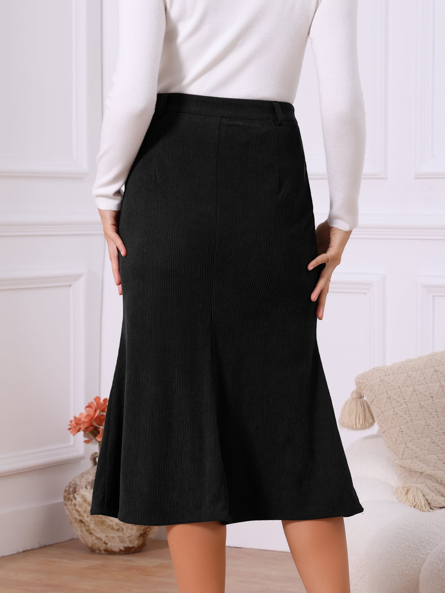 DARING DIVA Women's Corduroy High Waist Midi Mermaid Skirt with Pockets M Black