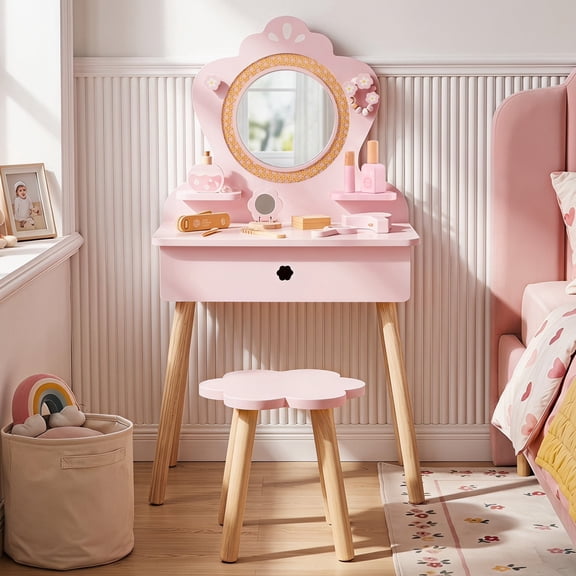 Jolie Vallee Kids Makeup Vanity Set with Mirror and Chair, Vanity Desk with Mirror for Girls, Wooden Dressing Table with Stool for Pretend Play