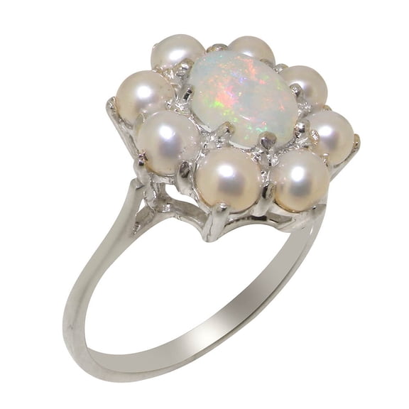 LBG British Made 925 Sterling Silver Natural Opal & Cultured Pearl Womens Statement Ring - 33 size options - Size 10