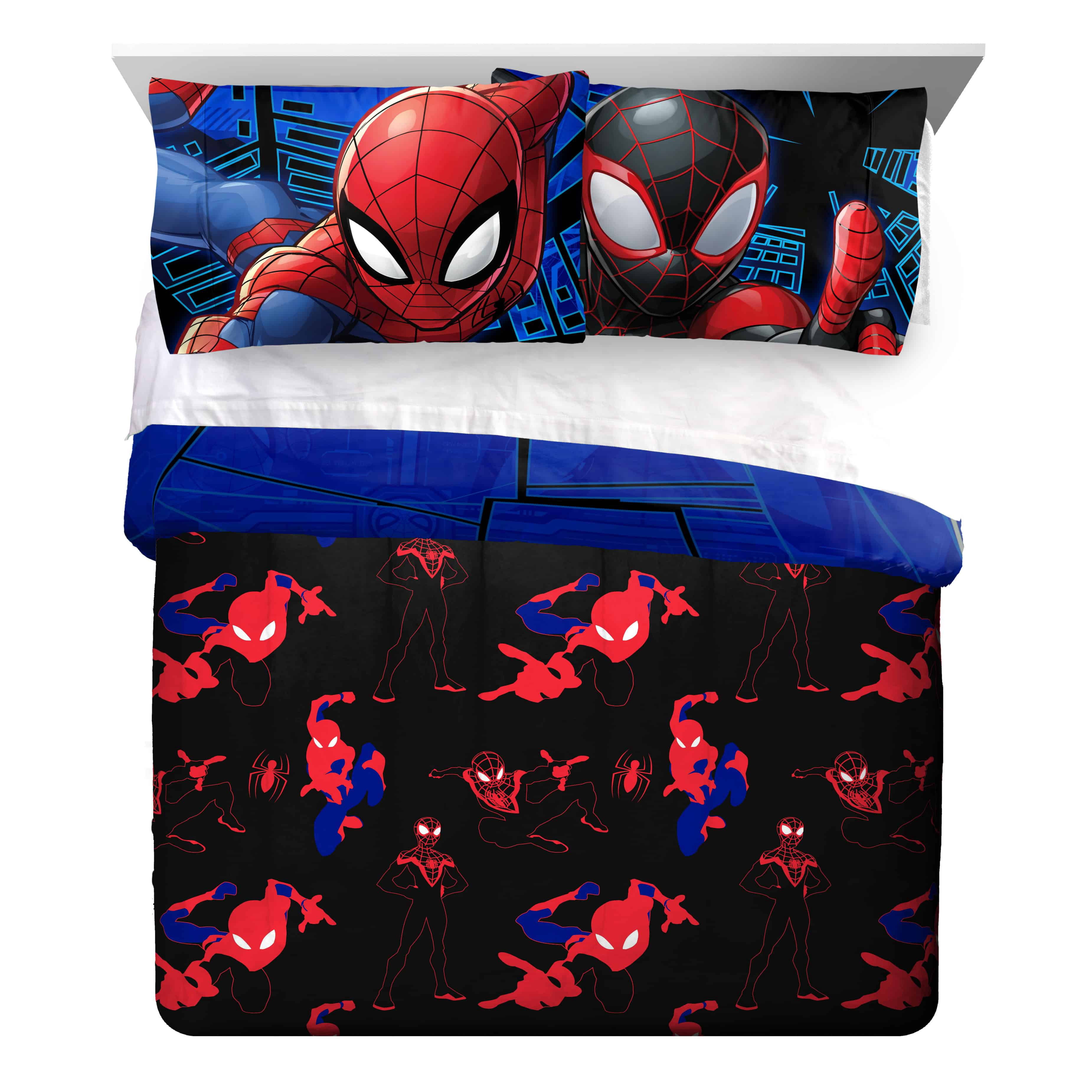 Spider-Man Classic Techno City 3-Piece 86" x 86" Reversible Queen Comforter and 20" x 30" Pillowcase Set, Polyester, Blue, Marvel
