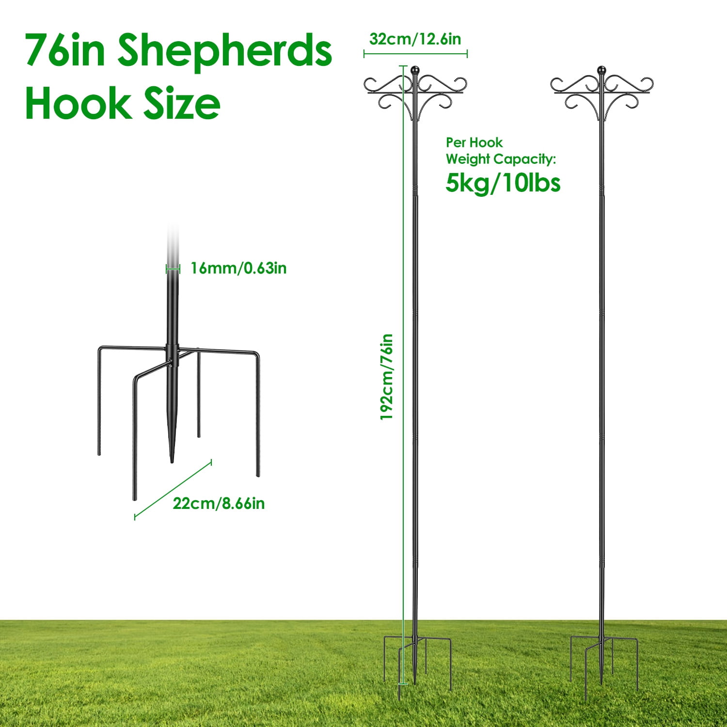 Shepherds Hook for Outdoor, 5-Prong Base Adjustable Height Garden Hook with Dual Sided Hooks, Sturdy Iron Metal Hanger for Bird Feeders, Lanterns, Flower Baskets, Wind Chimes, Patio Yard Decor