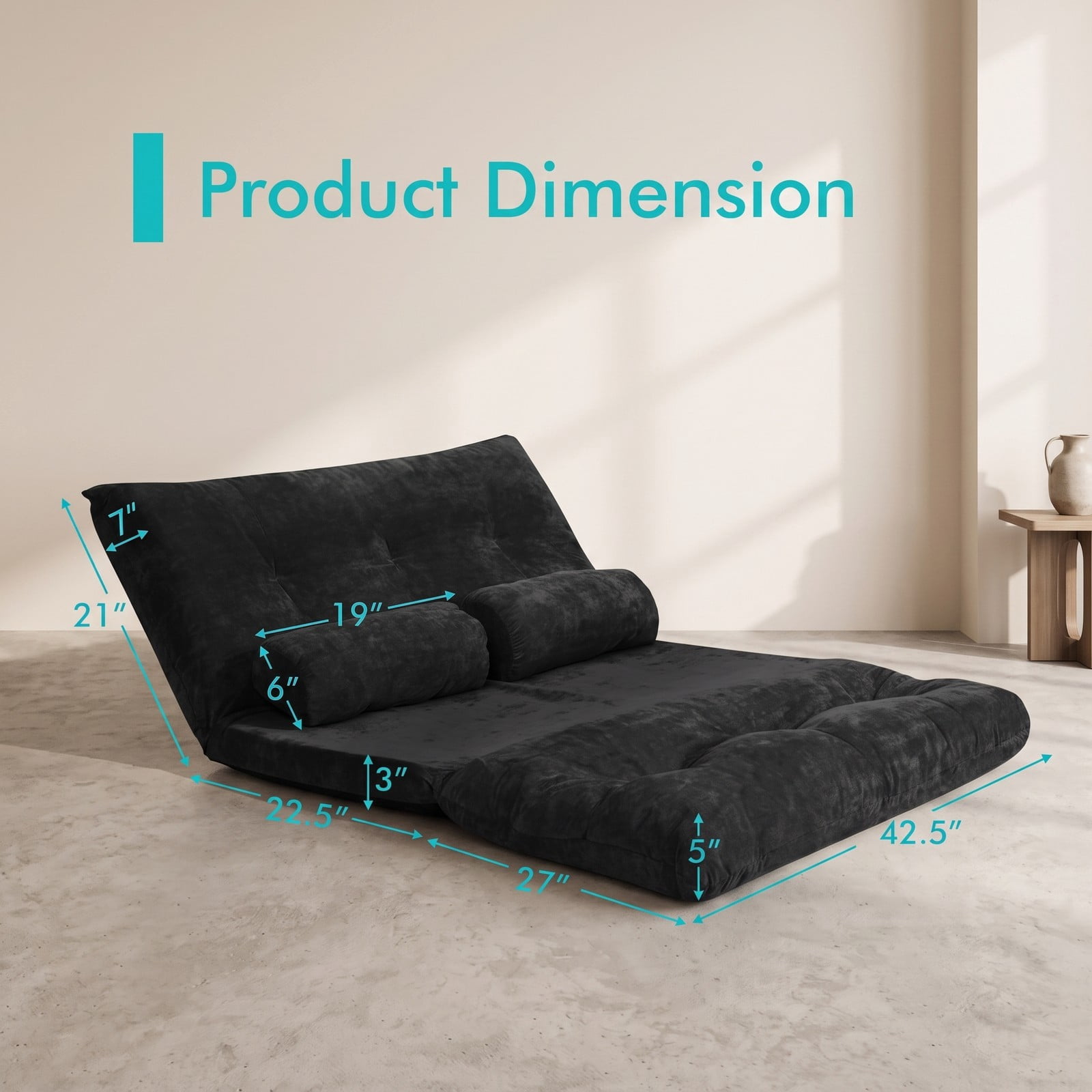 Furnibear 6-Position Adjustable Floor Sofa Bed, Foldable Sleeper Lounge Couch with 2 Pillows, Padded Corduroy Recliner Chair for Living Room Bedroom, 330 lbs, Black
