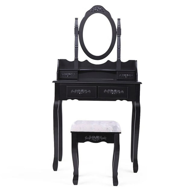 Vanity Table and Chair Set, Makeup Dressing Table with Rotating Mirror and 4 Drawers, Thick