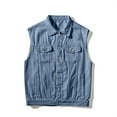 thumbnail image 4 of Rohuuque Men's Denim Vest Solid Motorcycle Collar Jean Vest Button Down Ripped Stretchy Distressed Battle Vest with Pocket Light Blue, 4 of 8