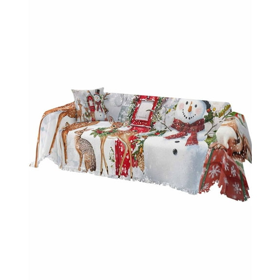 Christmas Snowman Sofa Covers for 3 Cushion, Washable Couch Cover for Sectional Sofa Slipcovers with Tassel, Snowflake Elk Balls Xmas Loveseat Covers Futon Cover Blanket 71''x118''