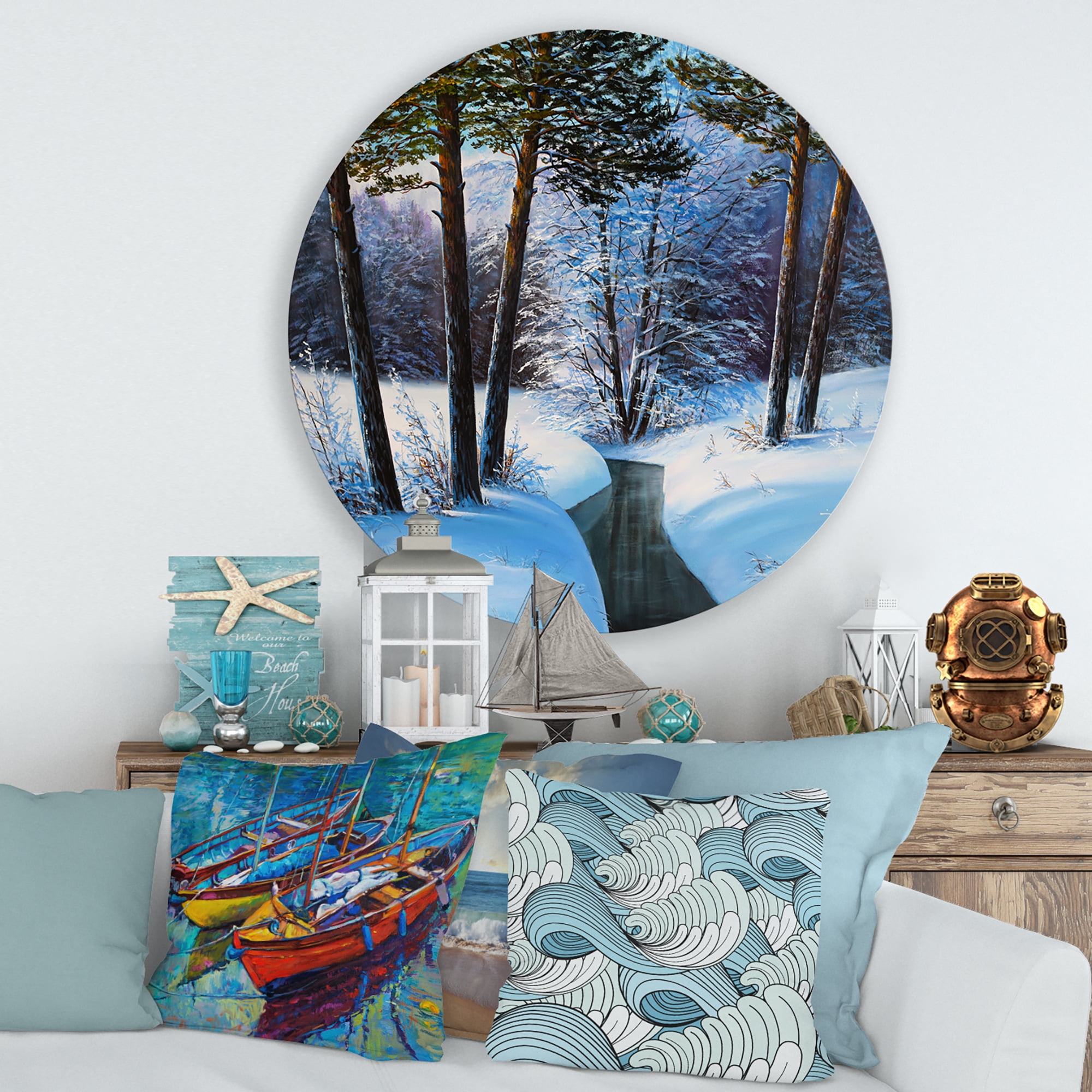 Designart 'Christmas Forest With Trees and River III' Traditional Circle Metal Wall Art 29x29 - Disc of 29