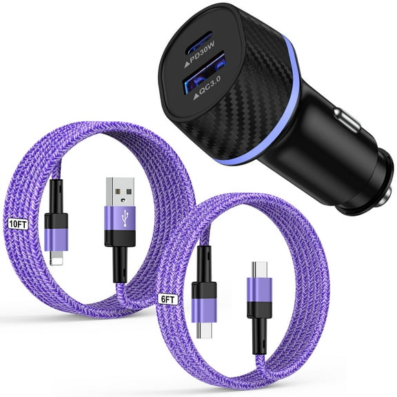 Type C Car Charger,Zacenei Set of 3PACK 48W PD&QC USB C Car Charger Adapter Compatible for iPhone Android Fast Charging Cigarette Lighter Socket w/ Type C Charger Cable 6FT&iPhone Charging Cords 10ft