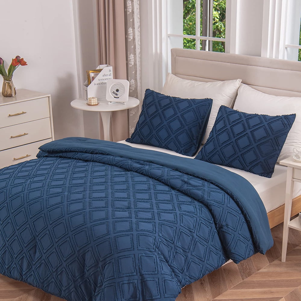Navy blue queen comforter set,chevron design with Shabby Chic tufting