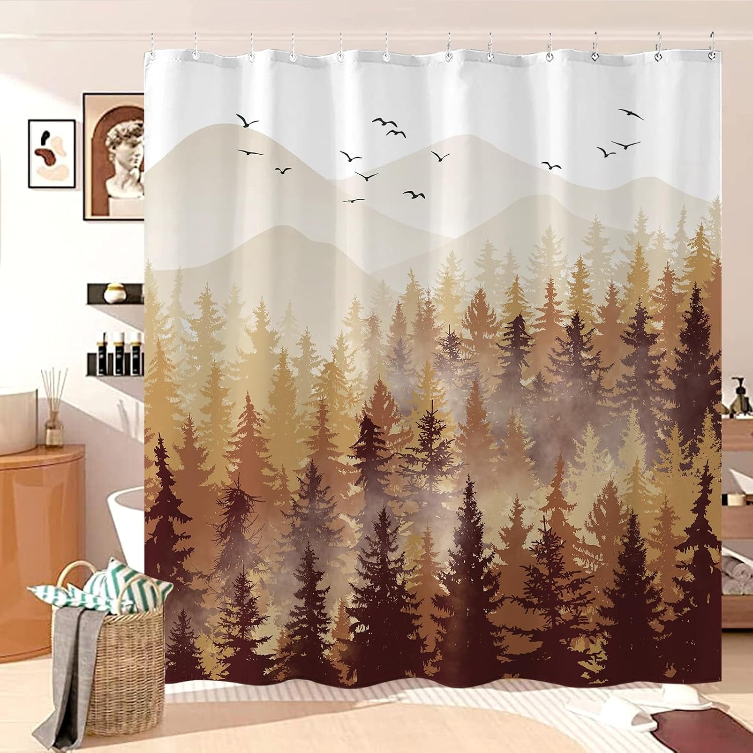 Fall Brown Yellow Misty Forest Shower Curtain Ombre Autumn Nature Foggy Tree Waterproof Fabric Shower Curtains for Bathroom Mountain Woodland Decorative Bath Curtain Decor (72'''' × 72'''')