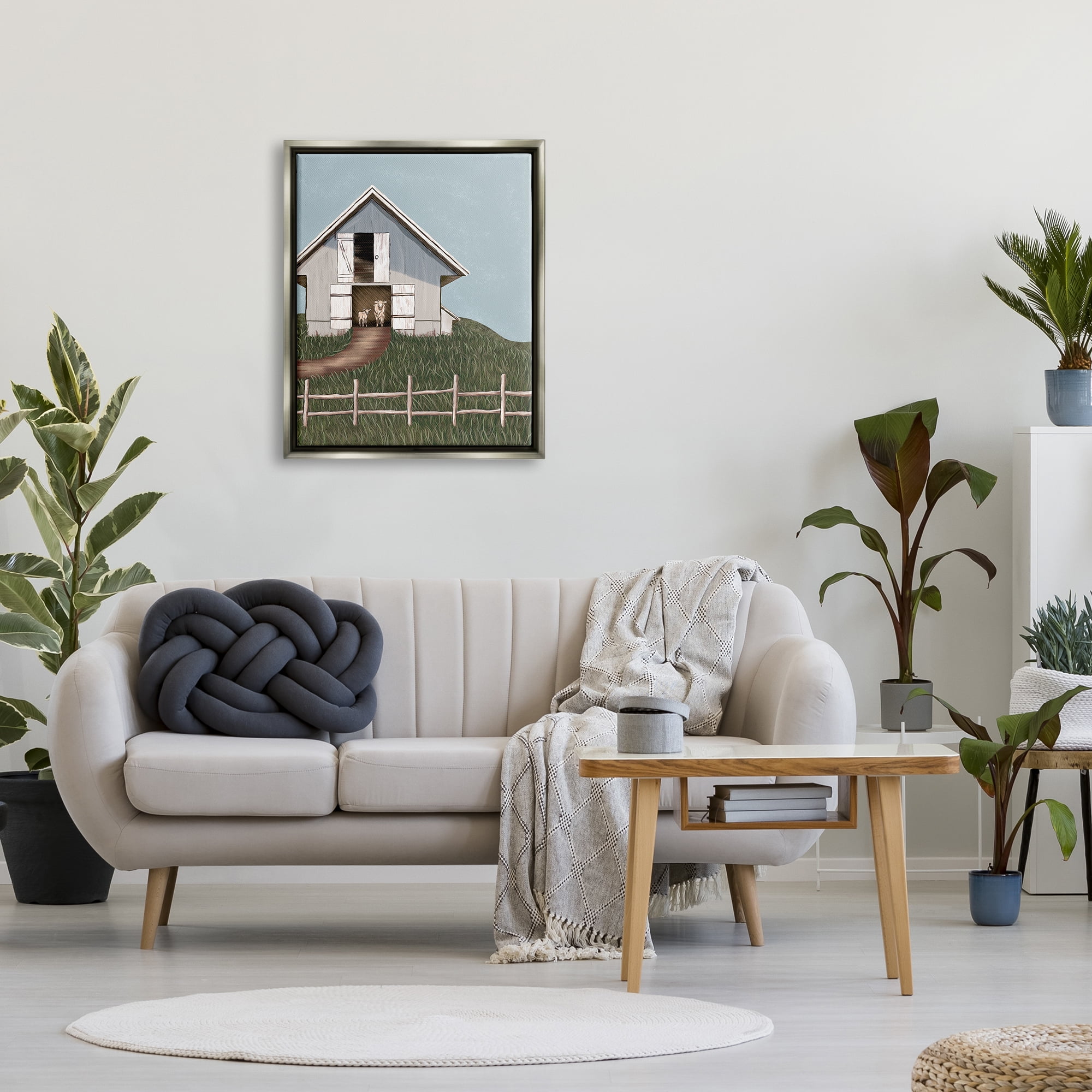 Stupell Industries Sheep In Barn Rural Farm Landscape Painting Gray Floater Framed Art Print Wall Art