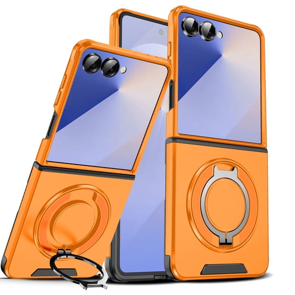 Caseny for Samsung Galaxy Z Flip 8 Case, Slim Non-Slip Shockproof Bumper Rugged Rotating Stand Ring Holder Anti-Scratch Magnetic Cover Compatible with Car Mount Case for Women Men, Orange