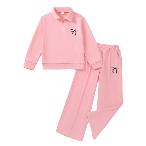 Yaoqi 9 Years Big Girl Outfit Set 10 Years Child Girls Winter Clothes Long Sleeves Half Zipper Pullover Sweatshirt Top Wide Leg Pants 2pcs Clothing Pink