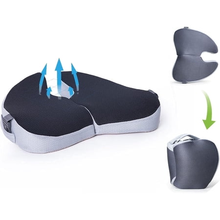 Travel Seat Cushion Foldable Memory Foam, Portable Office Car Airplane Chair Cushion with Breathable Mesh, Tailbone Pain Relief Donut Pillow for Sciatica, Hemorrhoid, Coccyx Support, Long Sitting