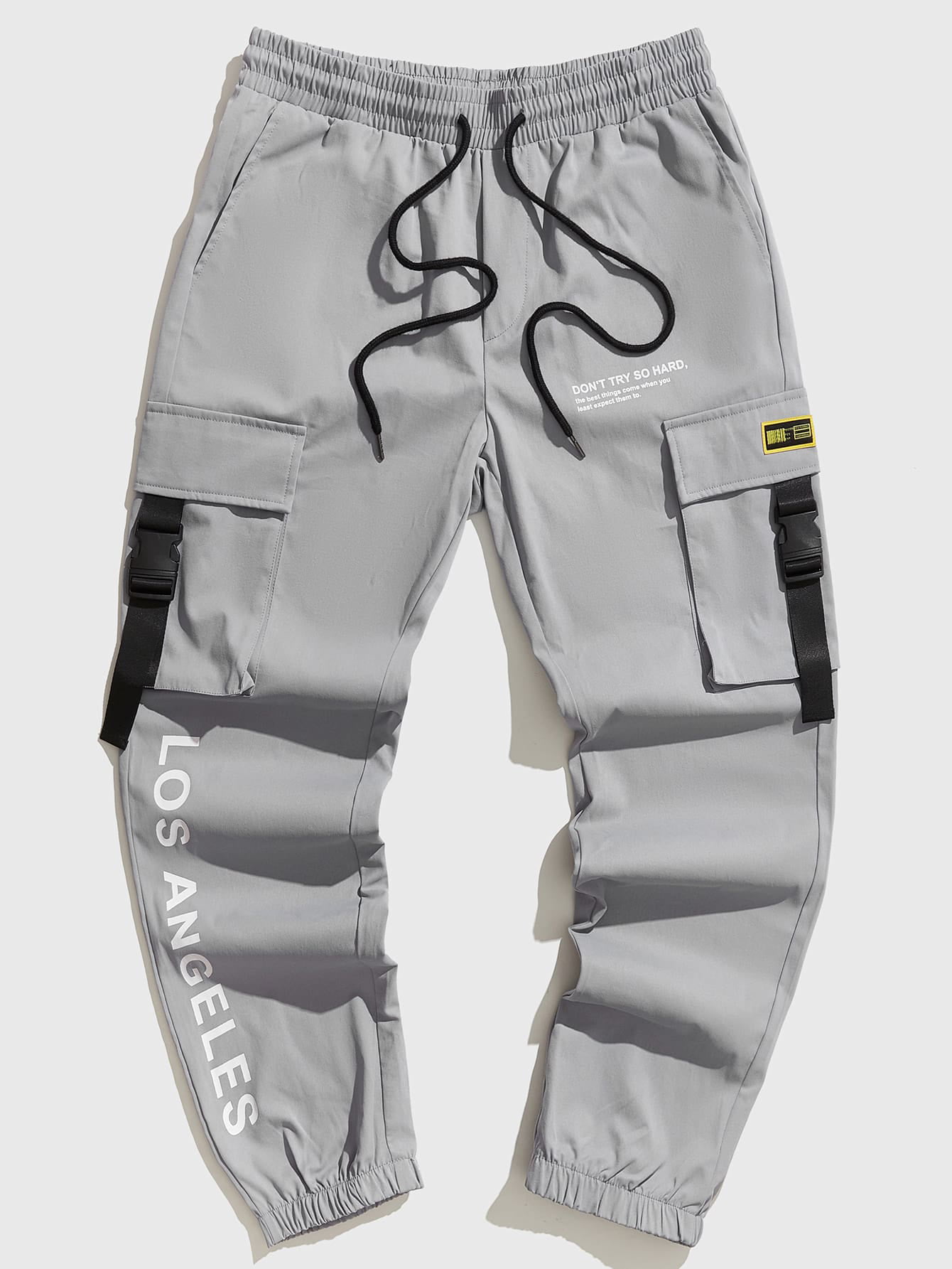 Light Grey Street Men Slogan Graphic Patched Detail Flap Pocket Buckled  Drawstring Waist Joggers S(4) Y034D