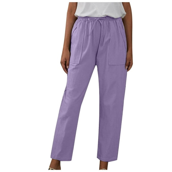 Jalioing Womens Casual Cotton Linen Pants High Elastic Waist Drawstring Straight Pocket Pull-On Loose Leg Pants (X-Large, Purple)