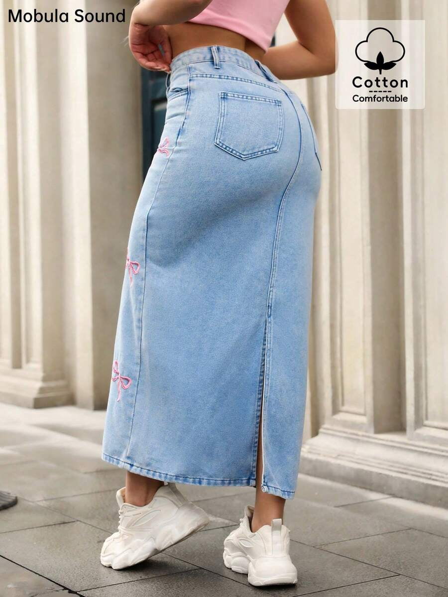 Blue Bow Embroidered Denim Midi Skirt Straight Fit Casual