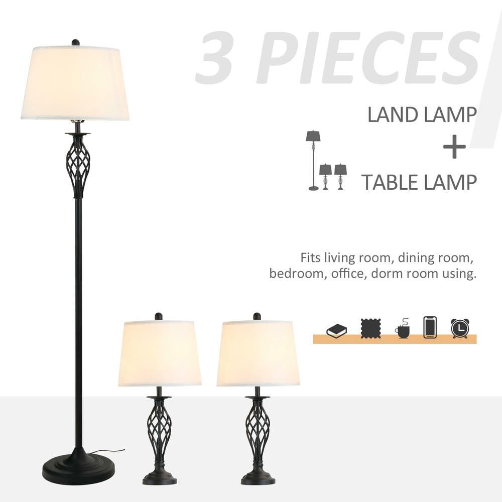 Resenkos 3-Piece Table & Floor Lamp Set - Metal Pole, Round Base, Fabric Lampshade for Living Room, White