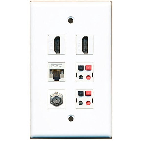 RiteAV - 2 HDMI 1 Port Coax Cable TV- F-Type 1 Port Cat5e Ethernet White 2 Port Speaker Wall Plate