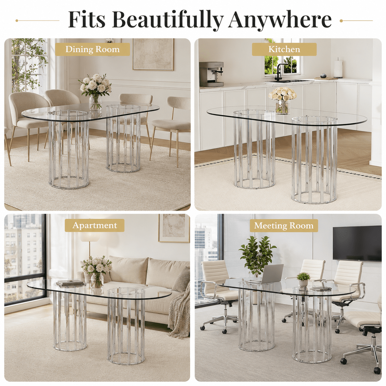 A7Store 71 in Glass Dining Table,Gold Dining Table for 6-8，Large Size Kitchen and Dining Room Table with Tempered Glass top and Gold Double Column Metal Legs, Modern Rectangular Dining Table