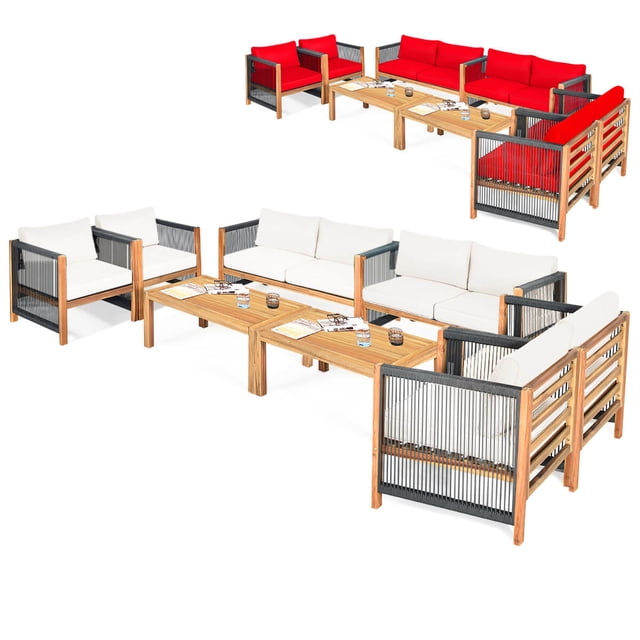 Costway 8 PCS Wood Outdoor Patio Furniture Set with Cushions White Red Cushion Cover Sets Red