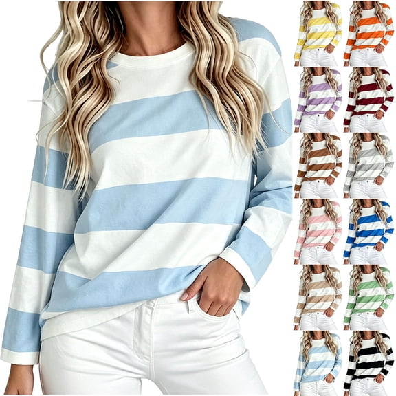 VBVC Women's Striped Crew Neck Top , Ladies' Loose Fit Drop Shoulder Shirt , Stretchy Long Sleeve Pullover For Women, S-XL