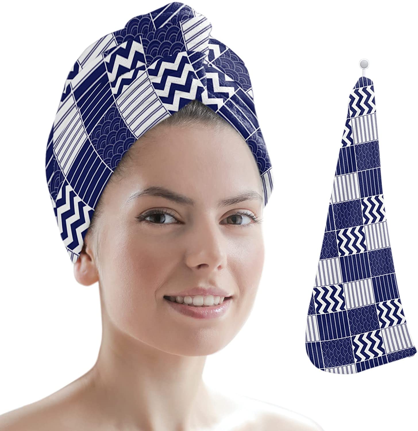 Microfiber Hair Towel Wrap for Women, Navy Japanese Traditional Ocean