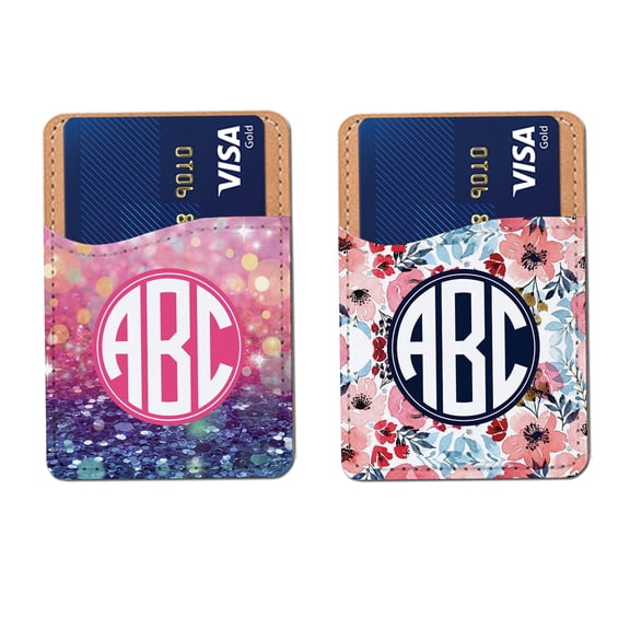 WIRESTER 2pcs Set Customized Personalized Text Self-Adhesive PU Leather Card Holder Stick on Pocket Credit Card Case Pouch Wallet for Smart Phones - Watercolor Flower Gliter Pink Blue & Circle M Font