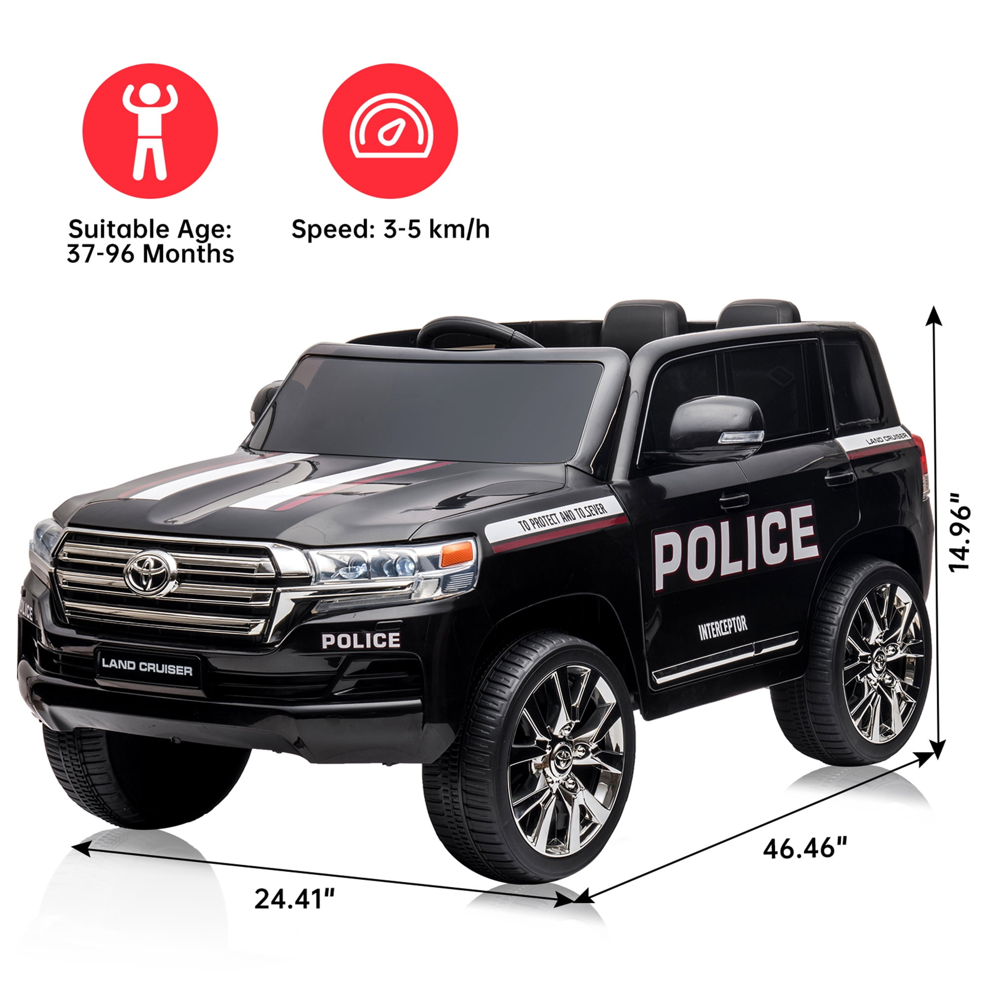Kids Ride-On Car 2 Seaters, 12V Licensed Toyota Land Cruiser Electric SUV Police Car Battery Powered Toy Truck with Remote Control,2 Motors, 3 Speeds, Music, Horn, LED Lights