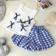 thumbnail image 2 of KPOPLK Toddler Baby Girl Clothes Summer Outfits Infant Sleeveless Ruffled Vest Top Shirts Cute Bow Short Sets 2Pcs for 9M-6Y(5-6 Years,Blue), 2 of 4