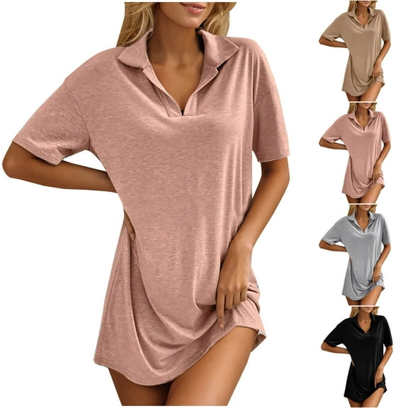 ZZwxWA Women Henley V-Neck Dresses Summer Short Sleeve Loose Fitted Casual Collared T-Shirt Dress